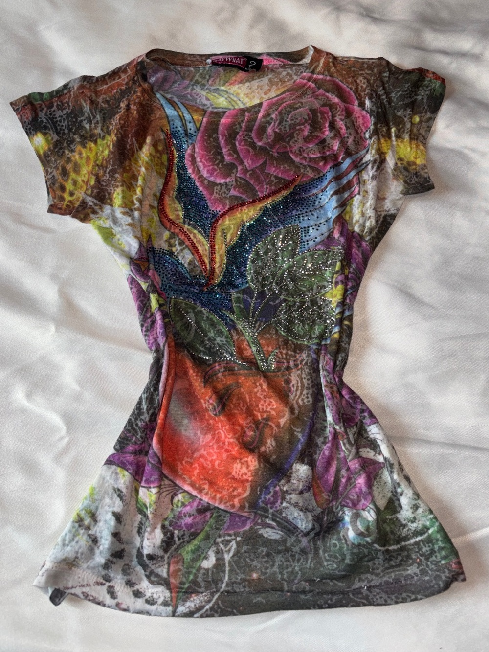 Say What Y2K Rhinestone Floral Rose Graphic Top Fairy Grunge Small
